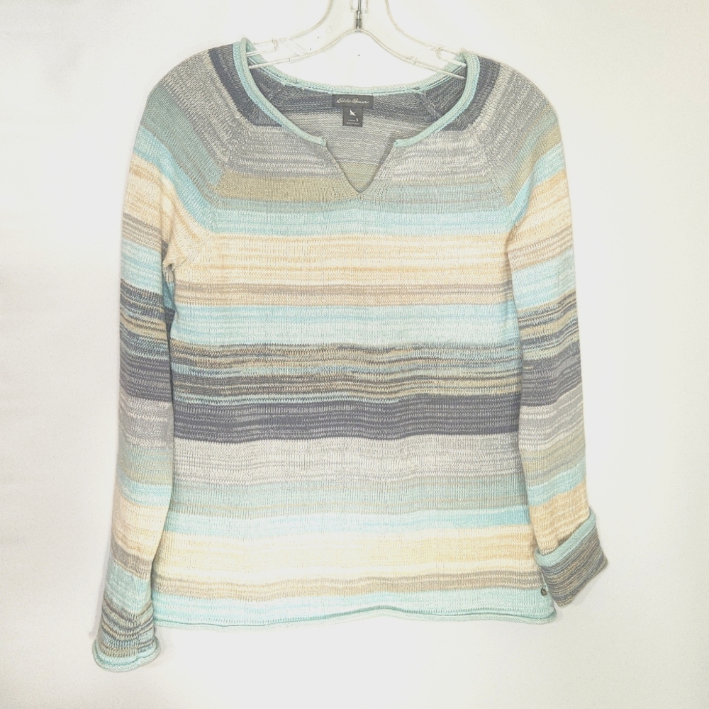 Eddie Bauer Blue Cream Striped V-neck Cotton Blend Sweater Size Small